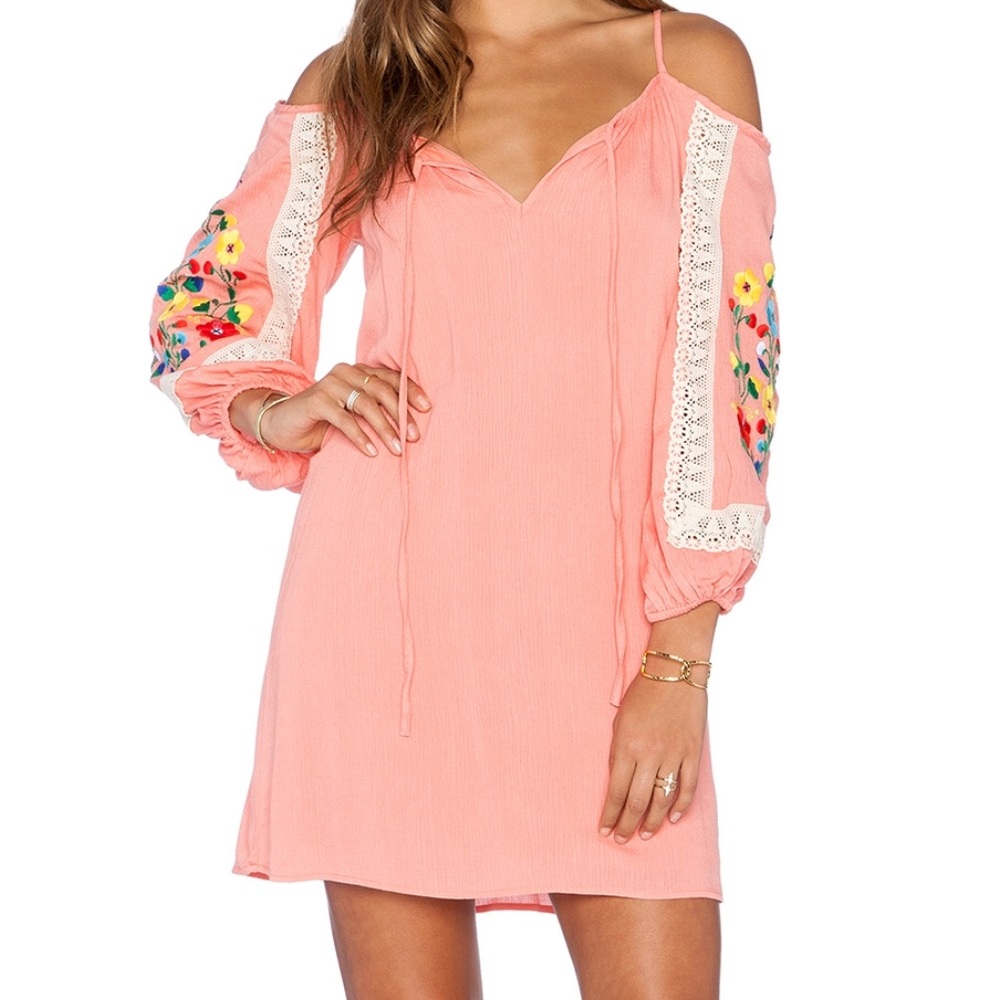Lara open shoulder dress coral embroidery